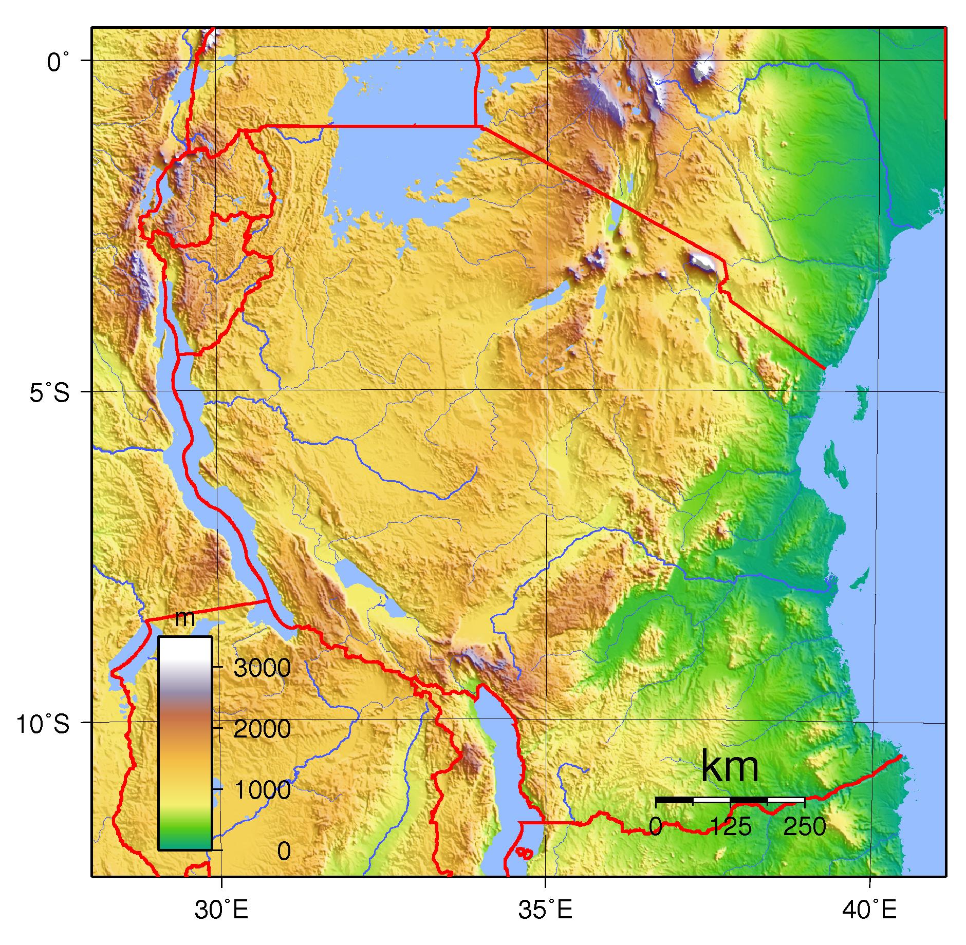 Tansania fyysinen kartta - Tansania topografinen kartta (Itä - Afrikka ja  afrikan)