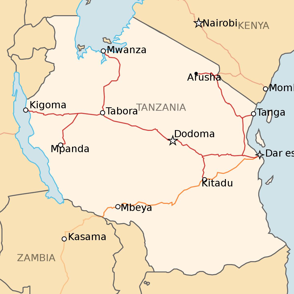 Tansania railway kartta - Kartta tansanian rautatie (Itä - Afrikka ja  afrikan)