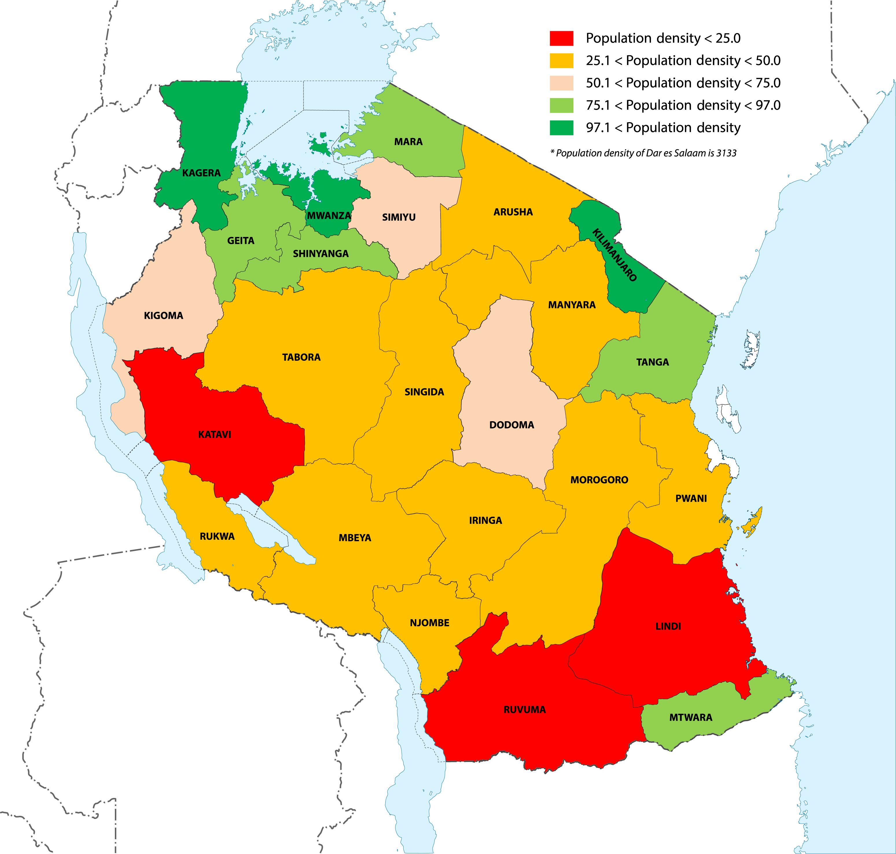 Tansanian väestöstä kartta - Tansanian väestön tiheys kartta (Itä - Afrikka  ja afrikan)