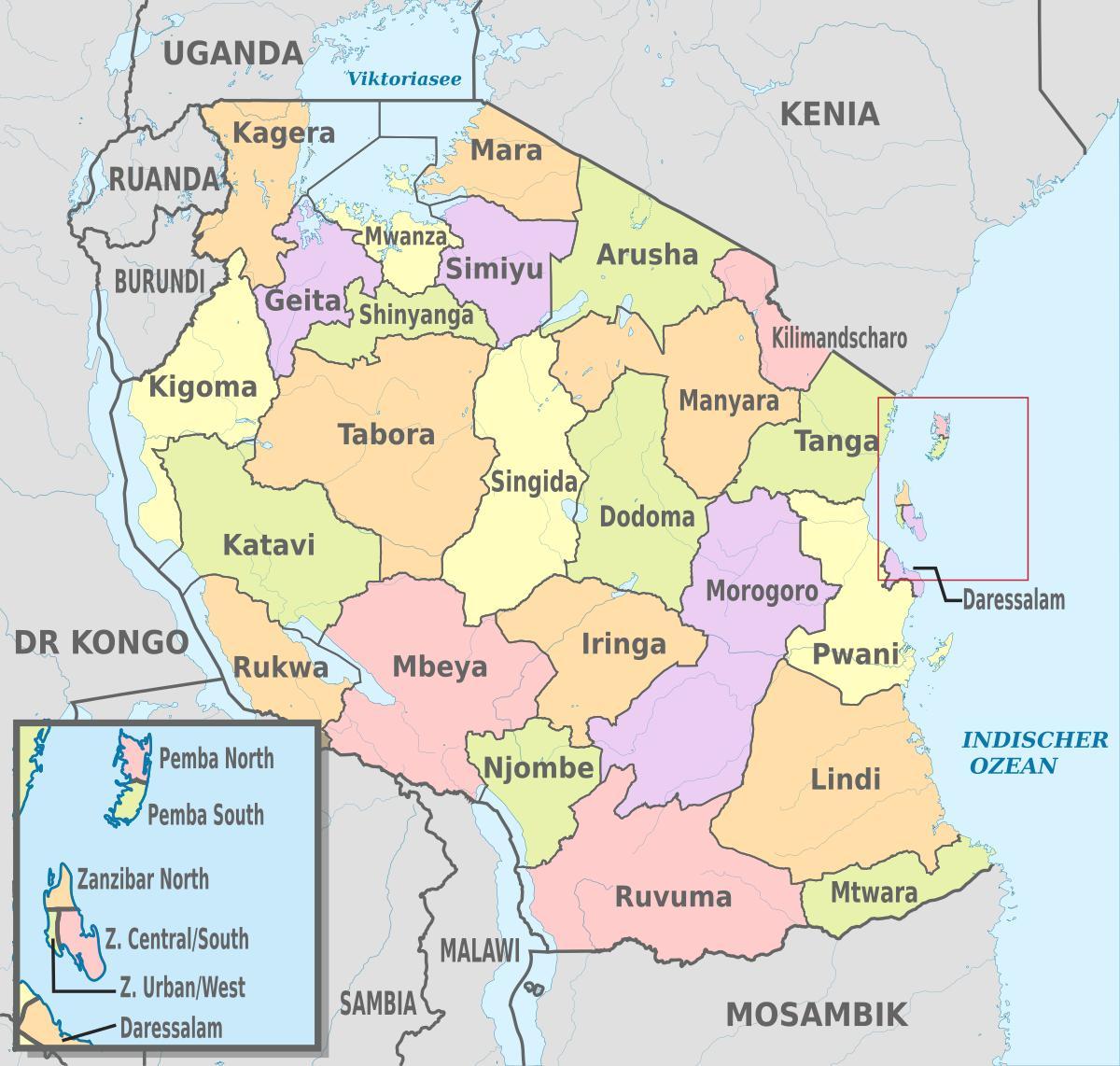 kartta tansanian osoittaa alueet ja piirit