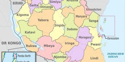 Kartta tansanian osoittaa alueet ja piirit