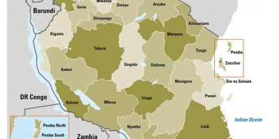 Kartta tansanian osoittaa alueet